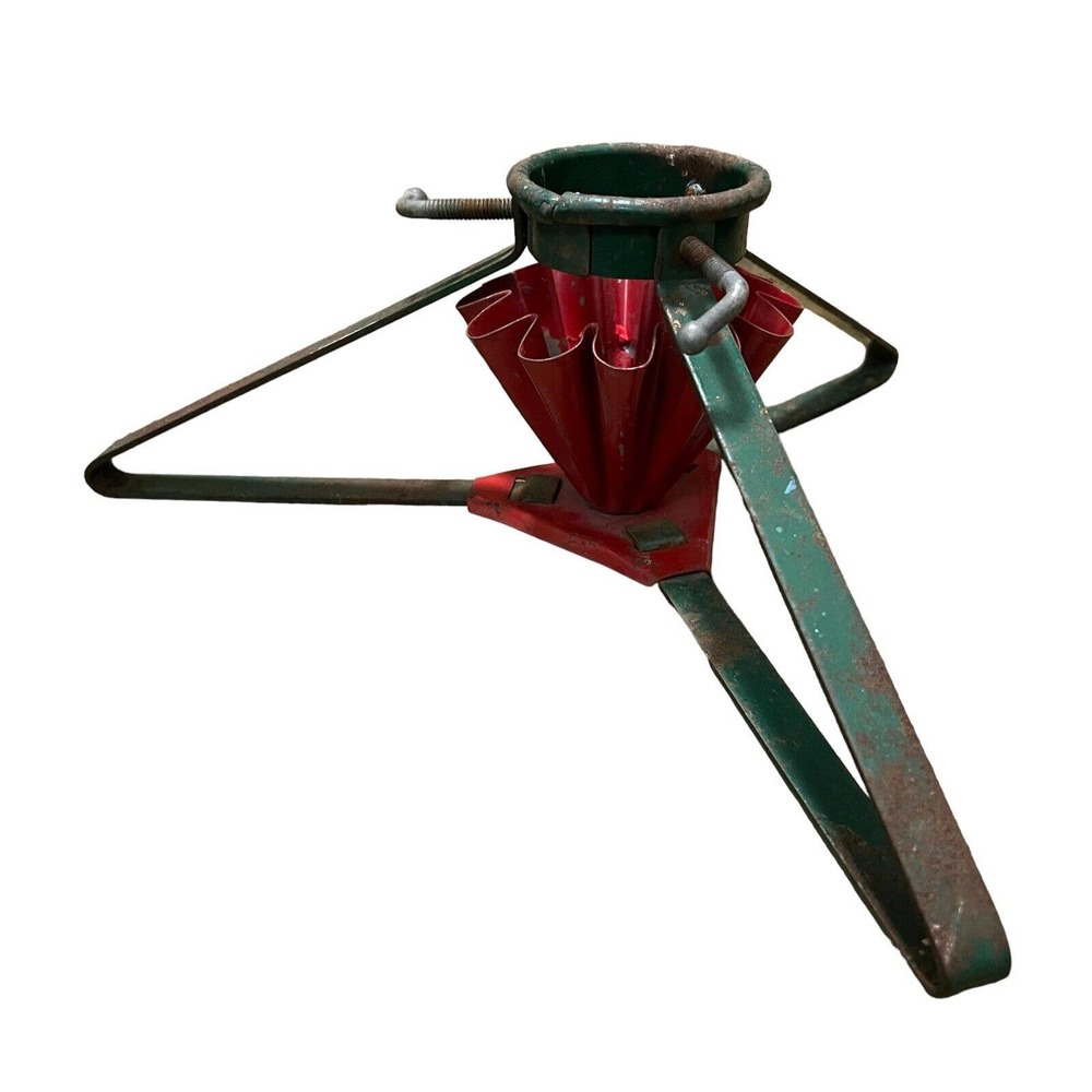 S&B Mfg. Co Milwaukee Christmas Tree Stand Fluted Red Green Metal Vintage 1950's - Picture 2 of 8